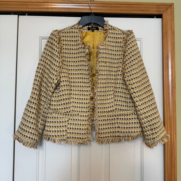 Lulu's Boss Girl Yellow Multi Tweed Fringe Jacket Sz Large NWT - Picture 4 of 12